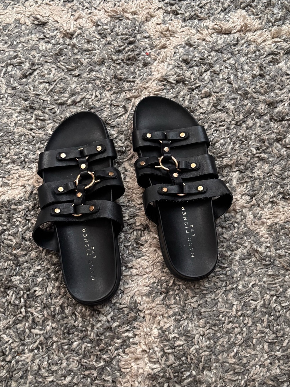 Marc Fisher Black Triple-Strap Slide Sandals with Gold Ring Accents